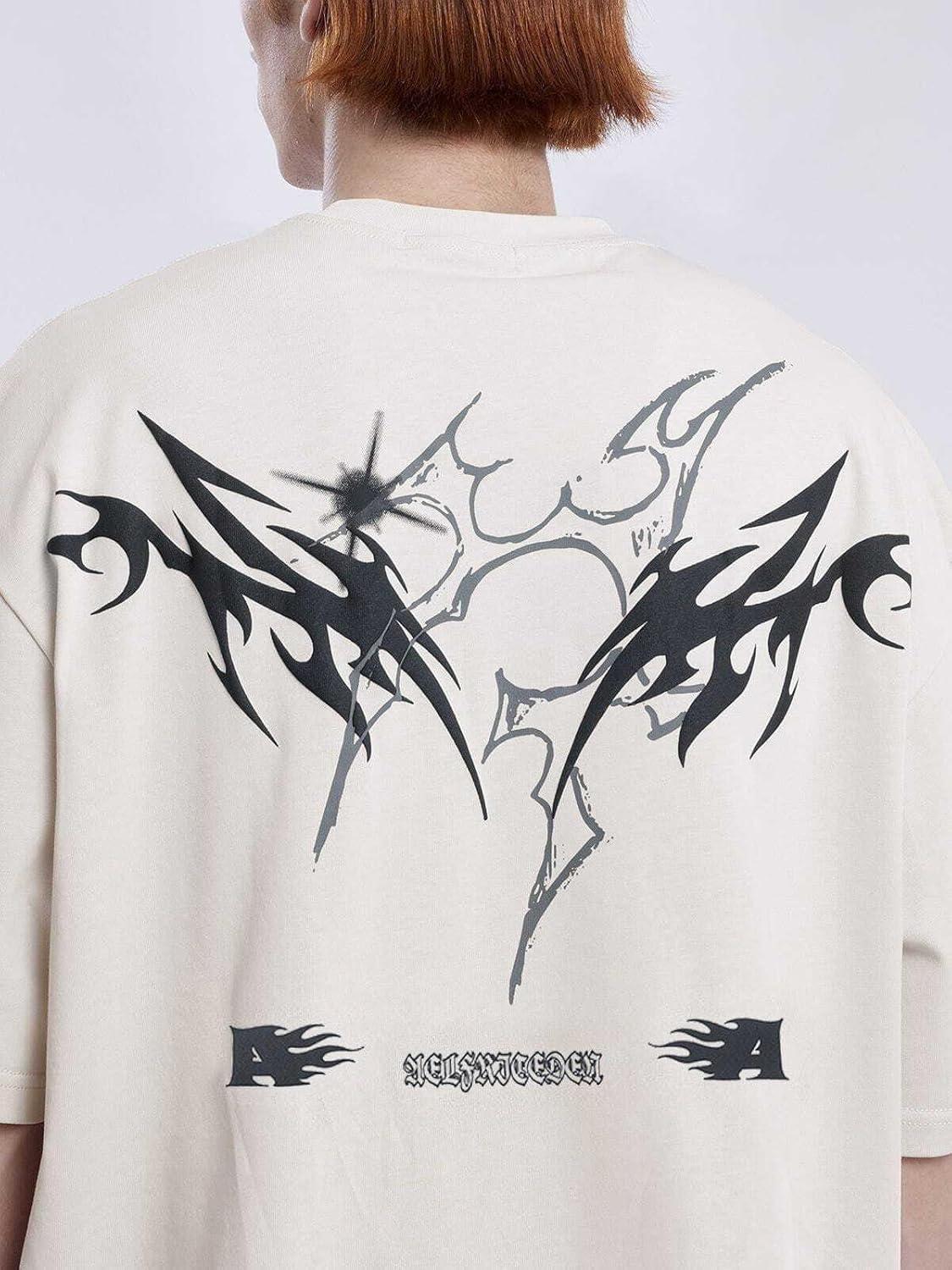 imageAelfric Eden Mens Graphic Tees Y2k Flame Star Print Oversized T Shirts Vintage Streetwear Shirt Casual TopsBeige