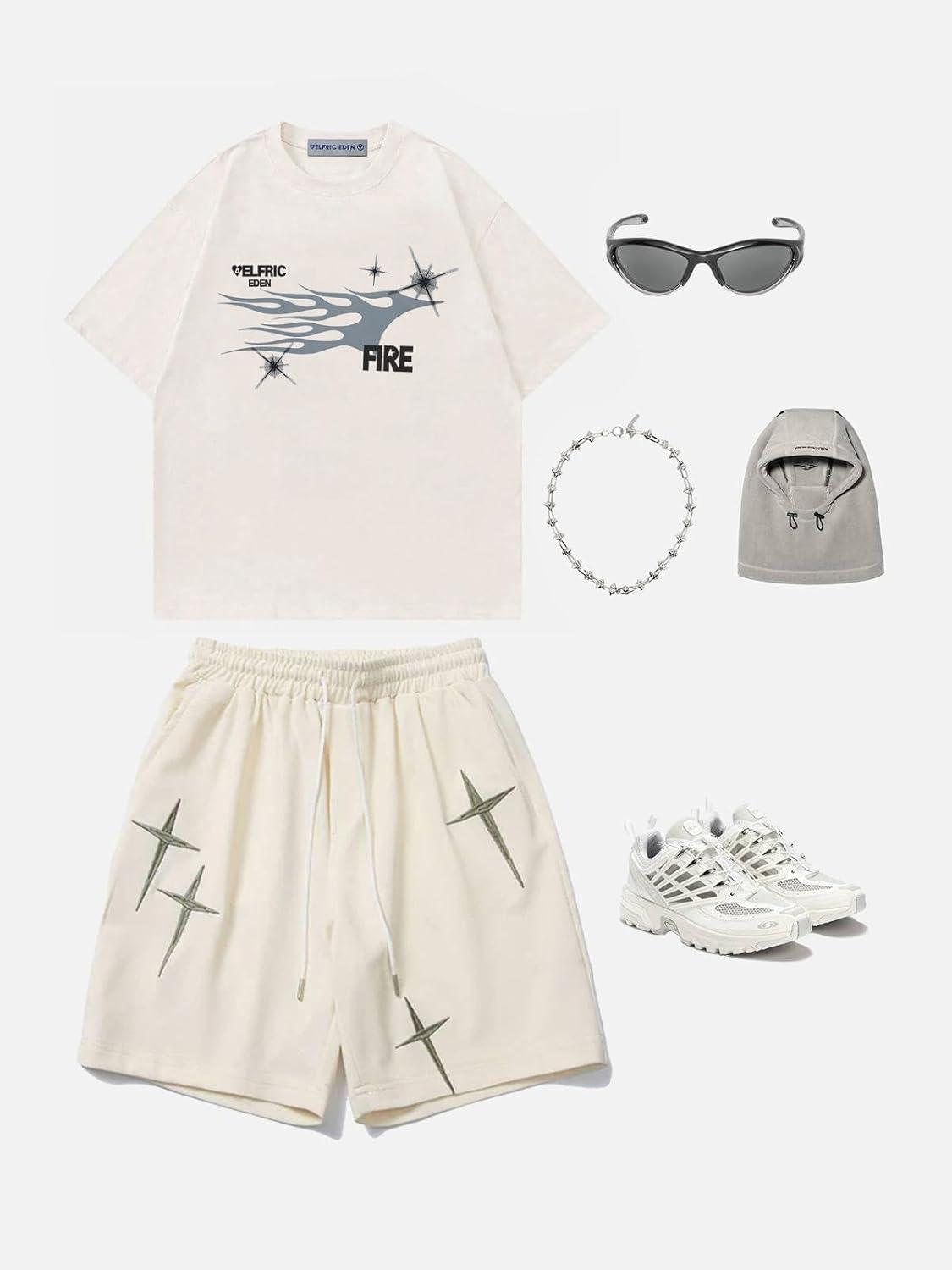 imageAelfric Eden Mens Graphic Tees Y2k Flame Star Print Oversized T Shirts Vintage Streetwear Shirt Casual TopsBeige