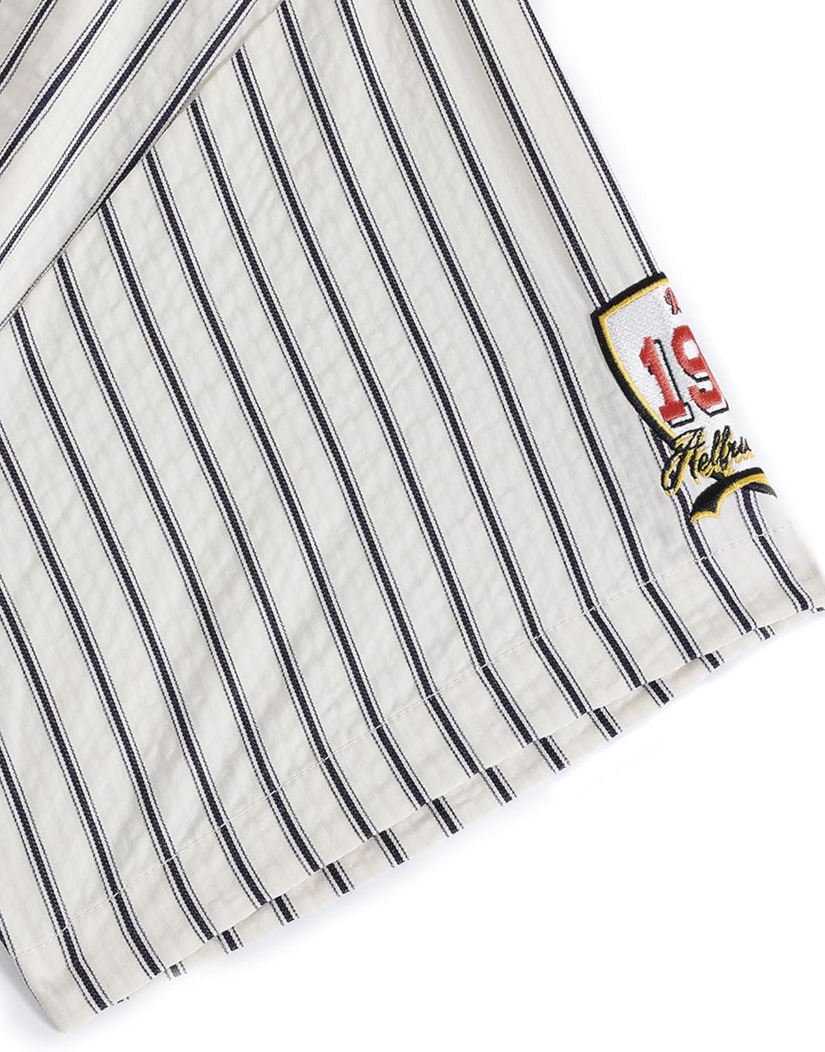 imageAelfric Eden Mens Striped Denim Collar Shirts Short Sleeve Button Down Polo Shirt Vintage Casual Summer Beach ShirtsBeige