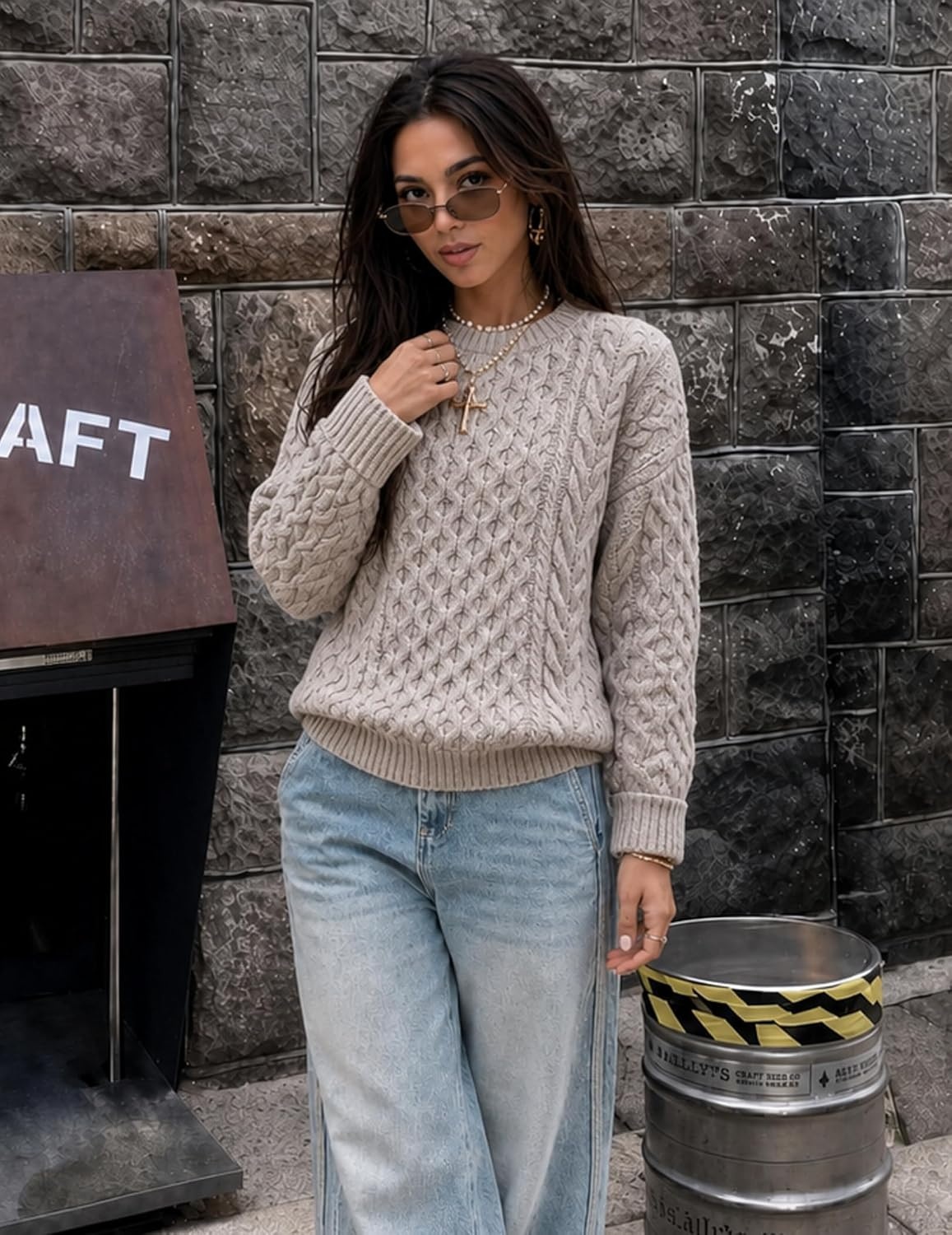 image:imageAelfric Eden Sweaters for Women Oversized Chunky Cable Knit Crew Neck Unisex Long Sleeve Loose Fit Soft Comfy Fall Winter Pullover Classic Vintage Basic Solid Casual Trendy TopsLight Khaki