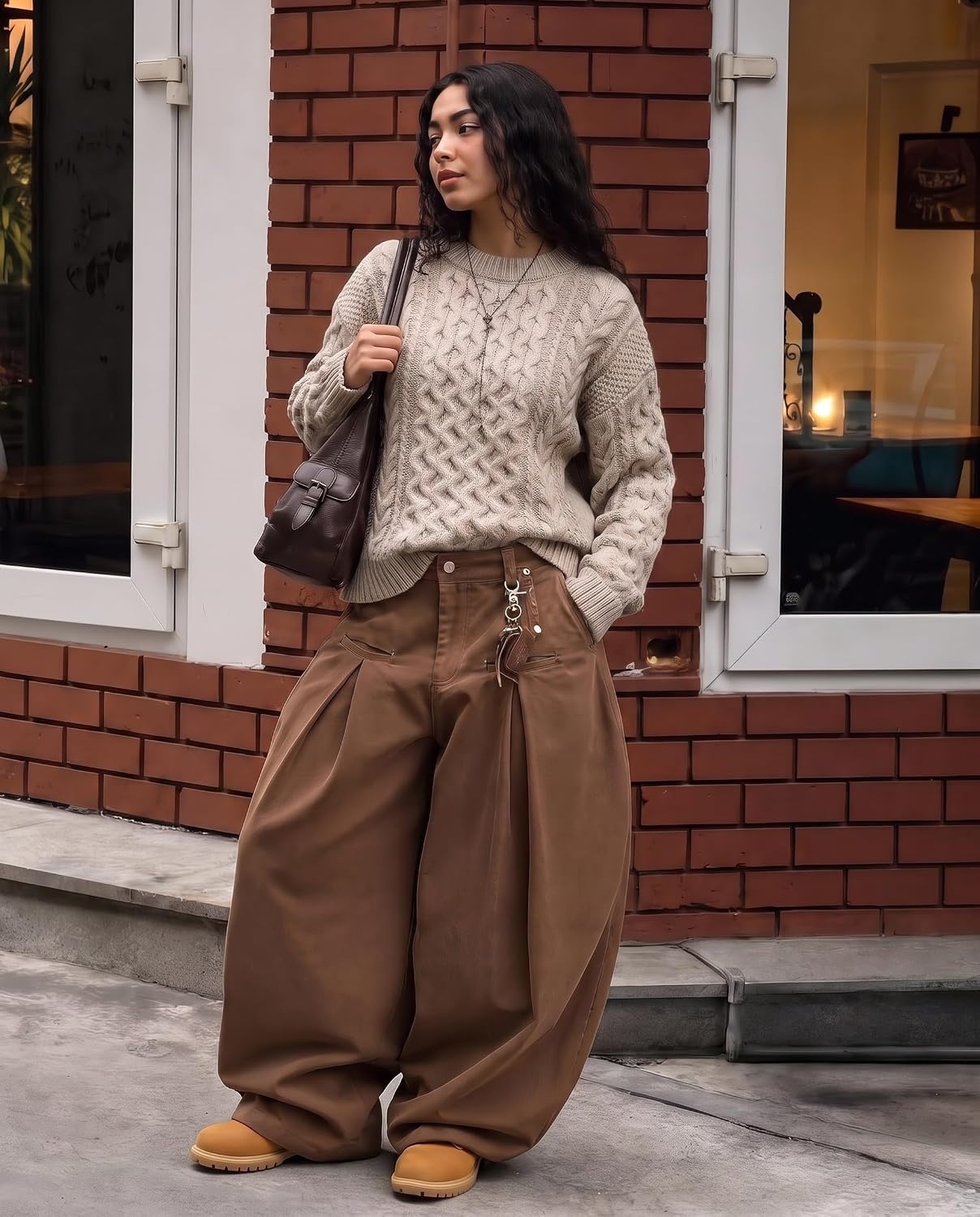image:imageAelfric Eden Sweaters for Women Oversized Chunky Cable Knit Crew Neck Unisex Long Sleeve Loose Fit Soft Comfy Fall Winter Pullover Classic Vintage Basic Solid Casual Trendy TopsLight Khaki
